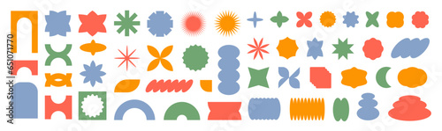 Vector set of abstract colorful geometric shapes. Bright brutal contemporary icons. Various geometric figures. Bauhaus memphis design.