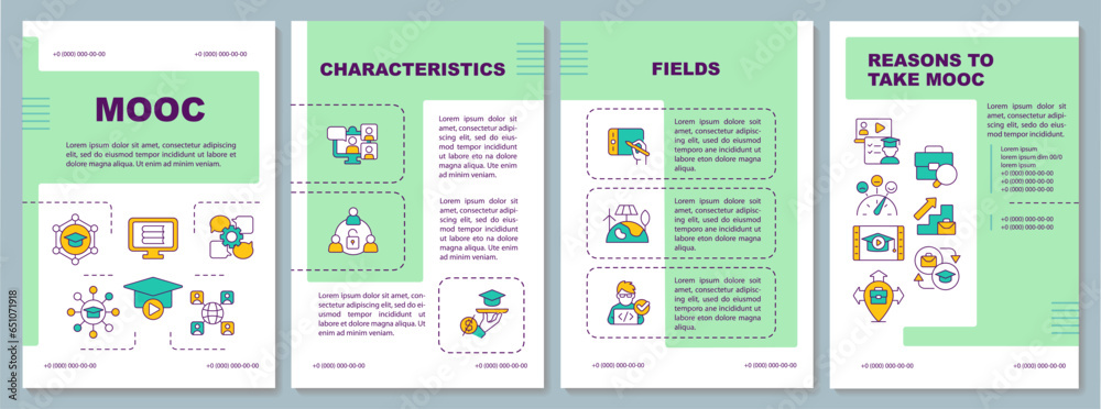 2D green MOOC brochure template, leaflet design with thin linear icons, 4 vector layouts.