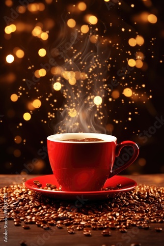 A cup of coffee on the table, Christmas lights