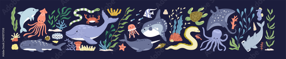 Fototapeta premium Sea animals, marine characters set. Fishes, algae, seaweeds, underwater plants. Cute ocean flora and fauna. Happy dolphin, octopus. Kawaii water mammals. Isolated flat graphic vector illustrations