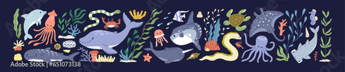 Sea animals, marine characters set. Fishes, algae, seaweeds, underwater plants. Cute ocean flora and fauna. Happy dolphin, octopus. Kawaii water mammals. Isolated flat graphic vector illustrations