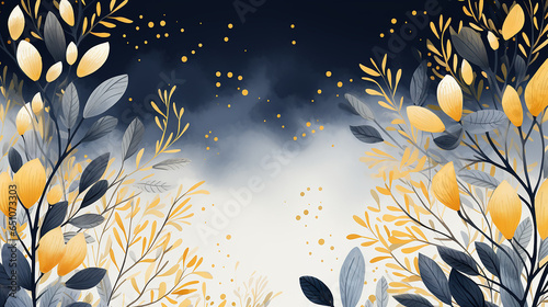 Festive flowers and leaves, Golden Watercolor Illustration, Charming floral background , festive illustration, winter dark blue