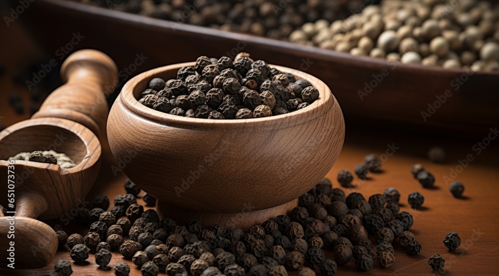 Black pepper in a wooden bowl isolated on black background Black pepper in a wooden bowl isolated on black background