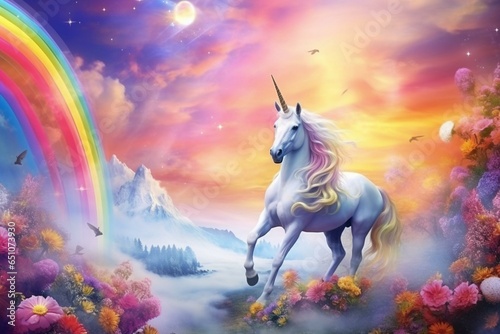 Enchanted unicorn in stunning sky with vibrant rainbow and puffy clouds. Imaginary realm. Generative AI