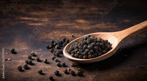 Black pepper in a wooden spoon isolated on black background