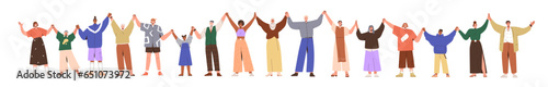 People holding hands in row, standing together. Diverse different men, women, kids group in chain, line. Community, unity, togetherness concept. Flat vector illustration isolated on white background