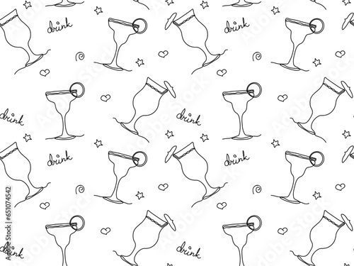 Seamless festive pattern one continuous line art. Champagne, martini, margarita