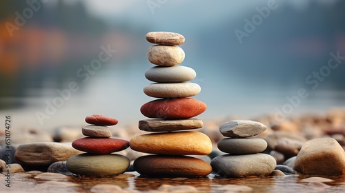 Tranquil Water Reflection with Balanced Zen Rock. Tranquil water reflection with balanced pebbles and serene atmosphere.