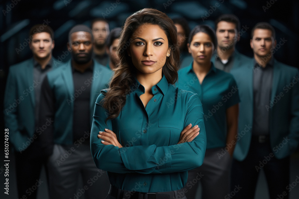 Young and confident businesswoman standing with crossed arm at office Young and confident businesswoman standing with crossed arm at office