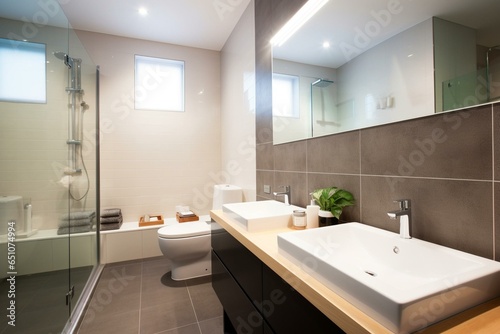 Modern bathroom with tiled surfaces  contemporary fixtures   furnishings. Generative AI