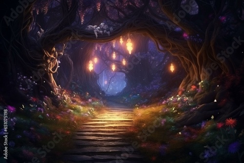 Nighttime forest with sparkling lights  mystical garden  fairy landscape  misty dark ambiance  pathway through trees and blooming flower under moonlight. Generative AI