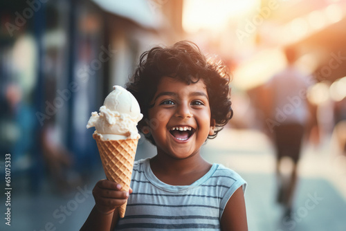 Cute indian little boy smiling while holding ice cream cone