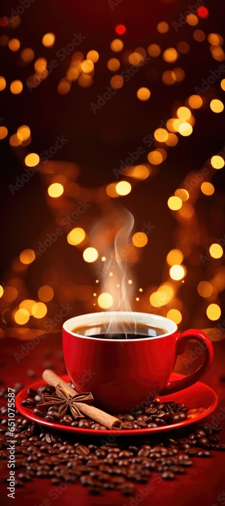 A cup of coffee on the table, Christmas lights