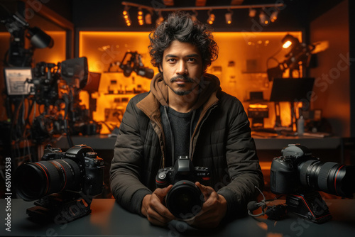 Indian cameraman or Photographer with Camera at studio