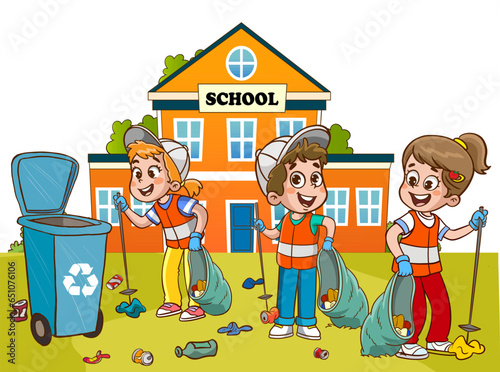 Kids clean up garden or park from garbage, volunteers collecting plastic bottles and cans