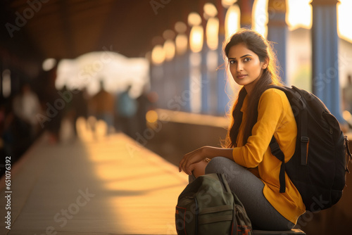 Young woman tourist sitting alone photo