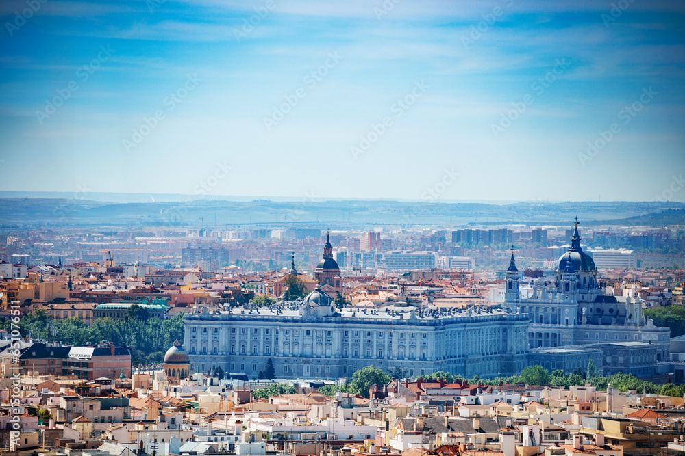 Cityscape panorama of Madrid city and Royal Palace