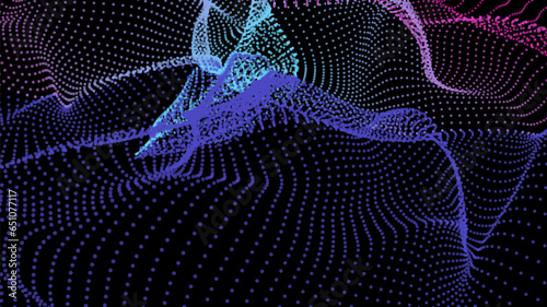 Energy net flows. Dot particle lines penetrating fog. Neon lights plexus of knots. Curved node row space infinity. Linking funnel universe parameters. Background information technology presentation.