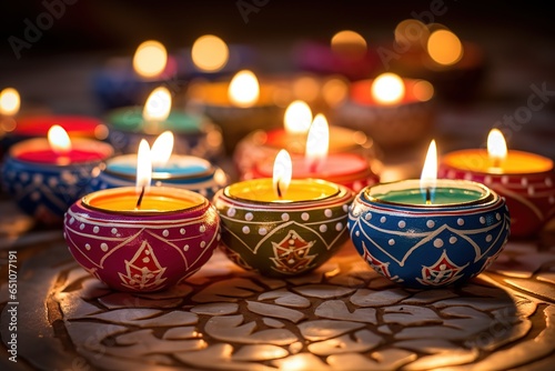 Colorful clay diya lamps lit during diwali celebration photo