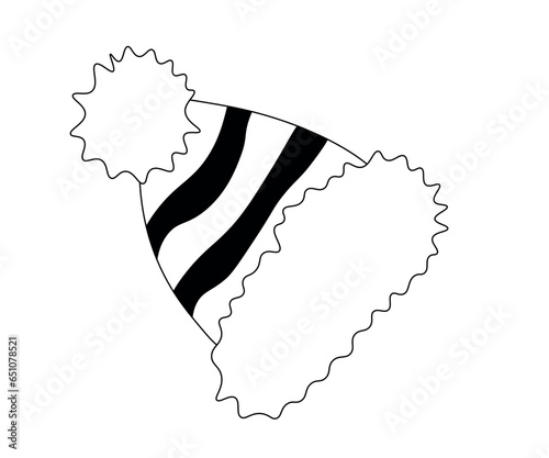 black and white warm bobble hat isolated on a white background. Doodle, one line