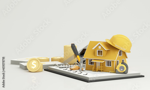 Poster Loan and insurance for Houses and real estate or calculating home construction costs Surrounded by equipment and tools of safety first for contractor. 3d rendering on white background