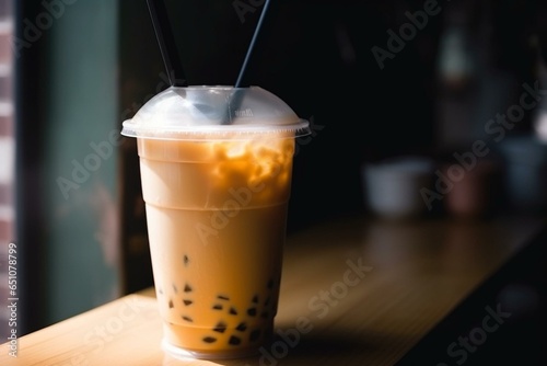 Asian beverage, Taiwan's traditional milk tea with boba and ice in a cup with a straw, refreshing for summer. Generative AI