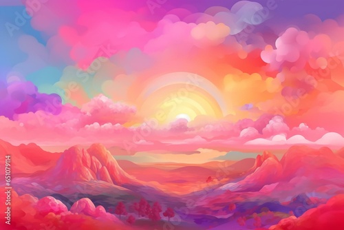 Abstract colorful sky with a red rainbow, pink pastel clouds, and smooth landscape design depicting a serene and romantic Valentine's Day scene. Generative AI © David