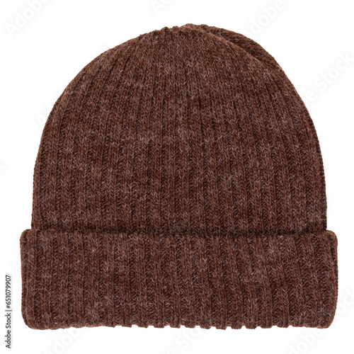 Heather brown knitted winter bobble hat of traditional design flat lay isolated