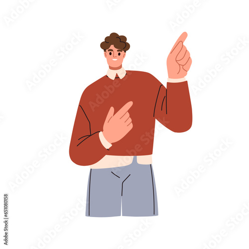 Happy man pointing up and aside, showing something with hand gesture. Businessman presenting, indicating, advertising with index fingers. Flat vector illustration isolated on white background