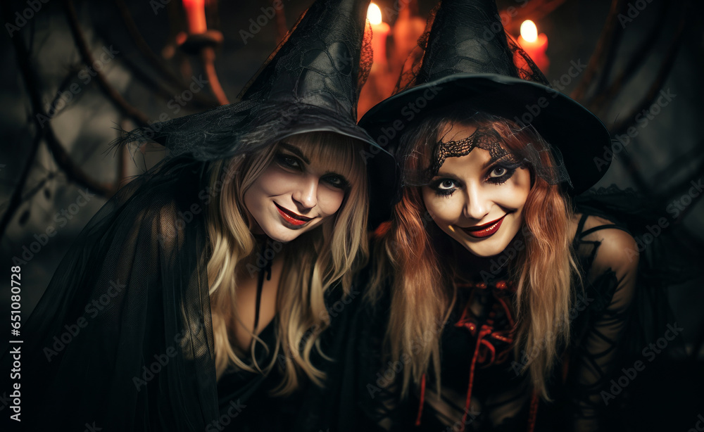 Enchanting Witch Duo at Halloween Party. Enchanting Witch Duo at Halloween Party.