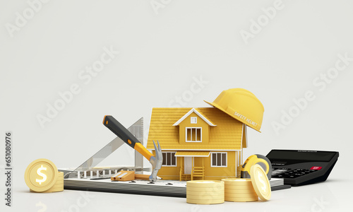 Poster Loan and insurance for Houses and real estate or calculating home construction costs Surrounded by equipment and tools of safety first for contractor. 3d rendering on white background