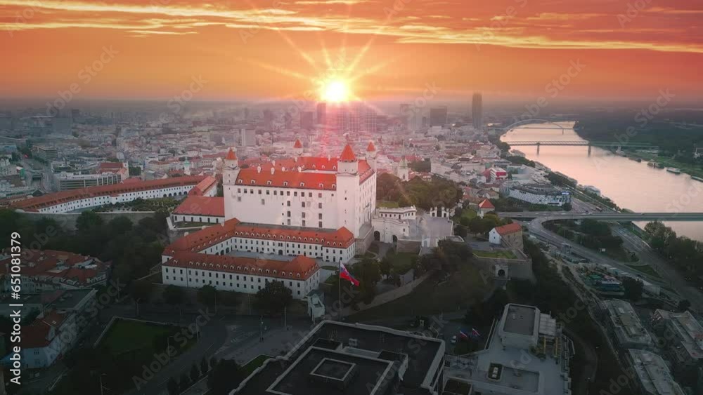 Bratislaca slovakia skyline aerialview drone footage of city bratislava castleat sunrise colored sky.