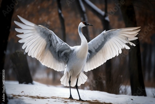 Winter crane bird spreading wings. Generative AI © Meliora