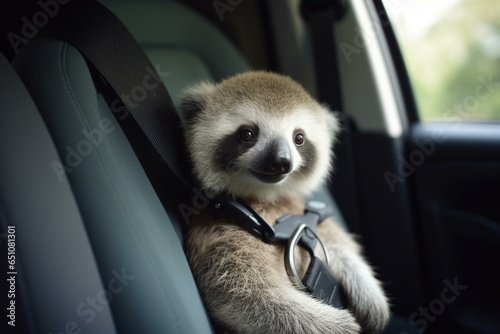 Baby koala toy strapped safely with a seat belt in car. Road, car, and safety concept. Generative AI