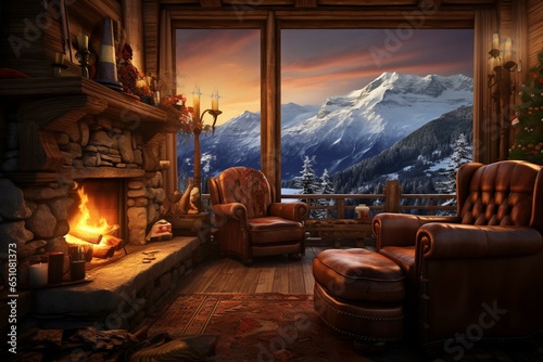 Warm alpine lodge sitting area  blazing hearth  winter scenery. Generative AI