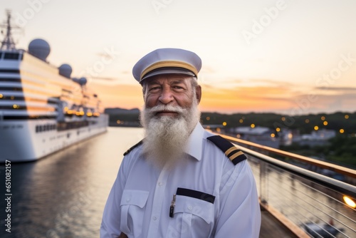 Fotografia, Obraz Portrait happy cheerful smiling senior male man captain luxurious cruise crew ship liner house standing dock elegant uniform