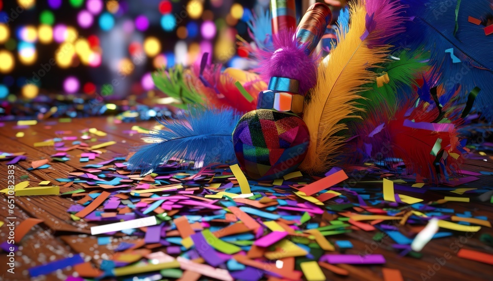 New Year's Party Decorations for a Vibrant Celebration, streamers, hats, confetti, celebration, vibrant colors
