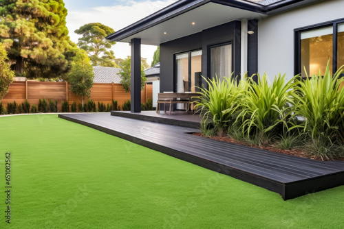 Contemporary house or residential buildings front yard features artificial grass lawn turf in background of blue sky. Purchase and investment real estate concept.