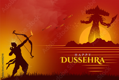 Fotografie, Obraz Silhouette of Lord Rama Aiming to Kill Ravana on Sunset Hills or Waves Background for Happy Dussehra Celebration