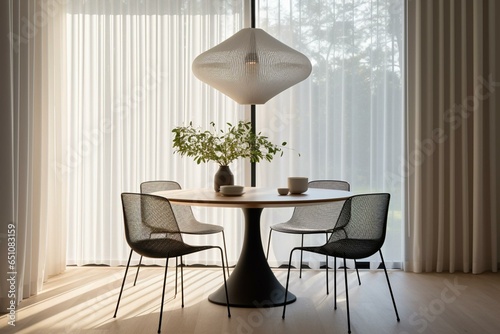 Minimalist dining room with round table, chairs, hanging light, and large window with transparent curtains. Generative AI