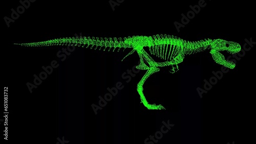 3D Tyrannosaurus rex skeleton on black bg. Object dissolved green flickering particles. Business advertising backdrop. Science concept. For title  text  presentation. 3D animation.