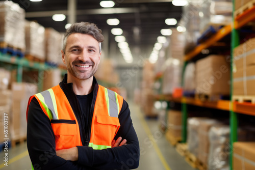 portrait of a smiling logistician working in a warehouse full of boxes, packages and pallets