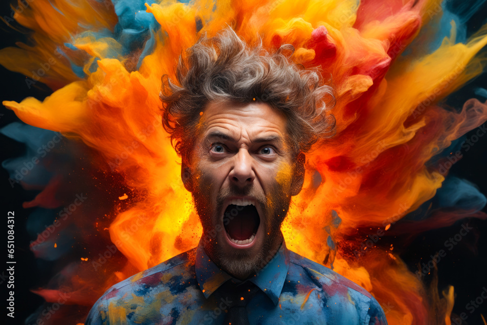 Man with beard and tie is screaming in front of colorful background.