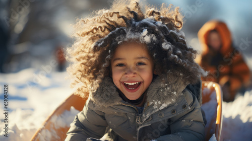 Portrait of a cute little african american girl with curly hair in winter park.