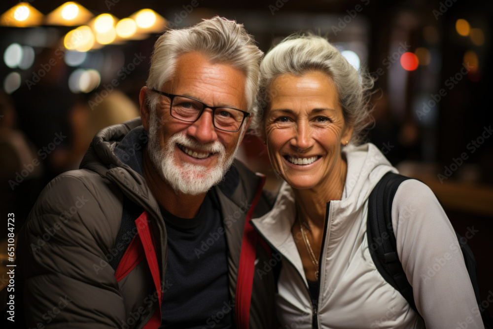 Portrait of a stylish, happy elderly couple indoors, exuding timeless charm and togetherness Portrait of a stylish, happy elderly couple indoors, exuding timeless charm and togetherness