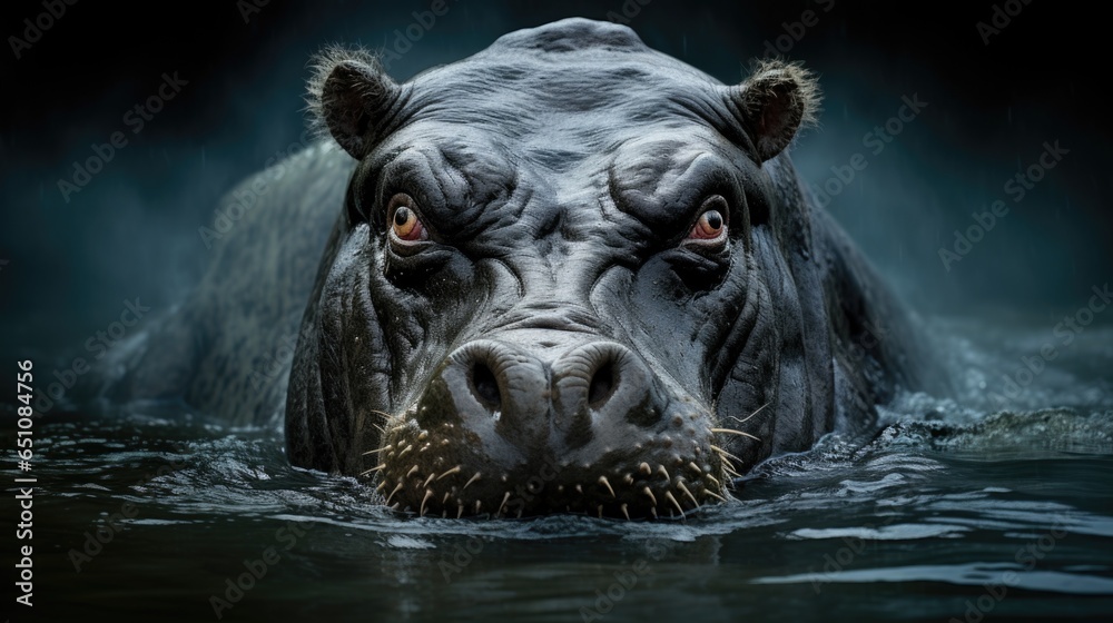 An evil hippo-like creature is swimming in the water, AI - obrazy, fototapety, plakaty 