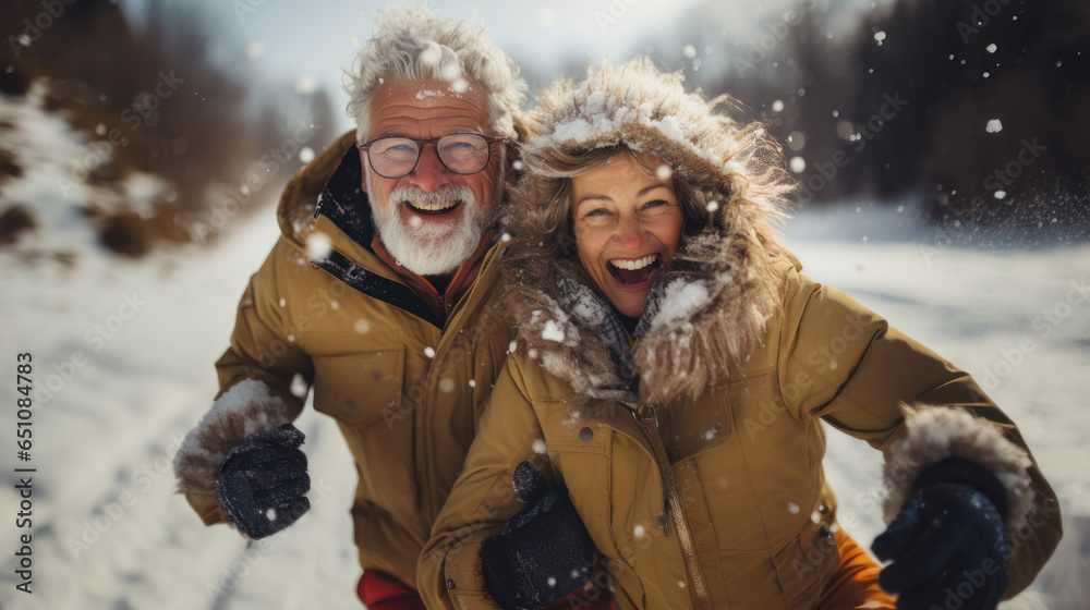 Portrait of happy senior couple in winter mountains. They are having fun and laughing.