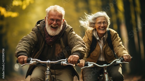 A happy elderly couple on bicycles in an autumn park, exemplifying active aging and enjoying the season together.
