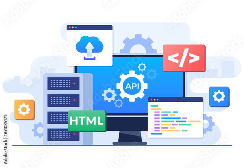 Application Programming Interface concept, API provides the interface for communication between applications, Software development tool, Internet and networking, simplifying application integration  photo