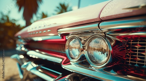 Closeup of custom built vintage looking automobile hot rod gas guzzler with shiny chrome fenders and bumper guards polished to reflective perfection, preserving the look of a cherished car era gone by